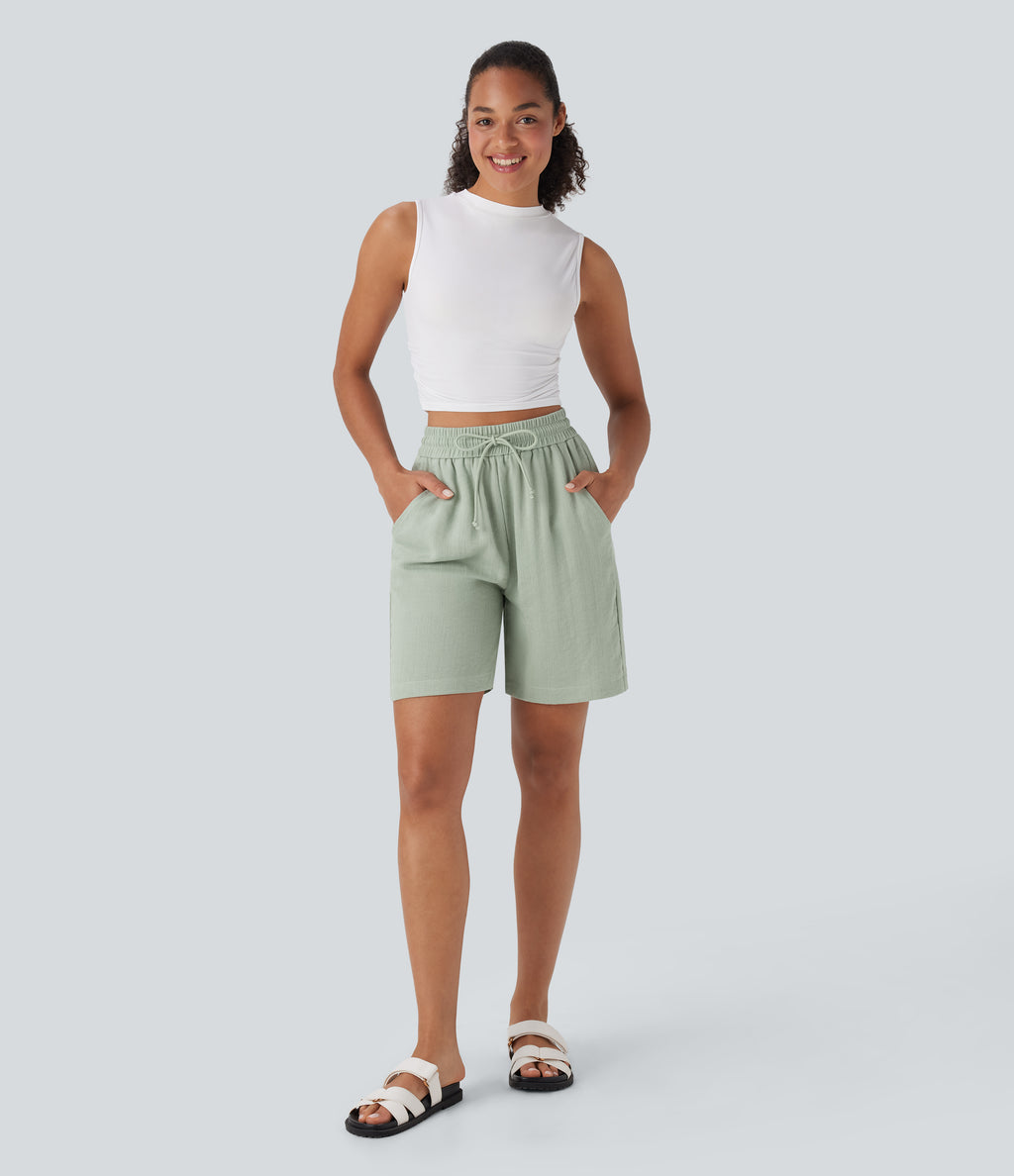 High Waisted Drawstring Casual Linen-Feel Shorts with Pockets — Pale Aqua — view 7