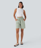 High Waisted Drawstring Casual Linen-Feel Shorts with Pockets — Pale Aqua — view 7