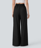 Mid Rise Wide Leg Casual Linen-Feel Trousers with Pockets — Black — view 2