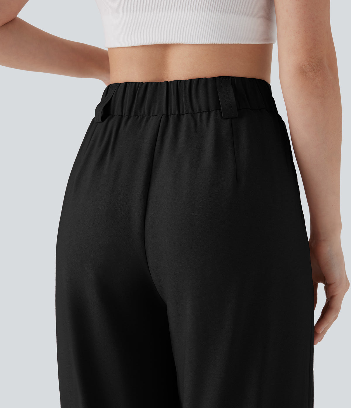 Mid Rise Wide Leg Casual Linen-Feel Trousers with Pockets — Black — view 5
