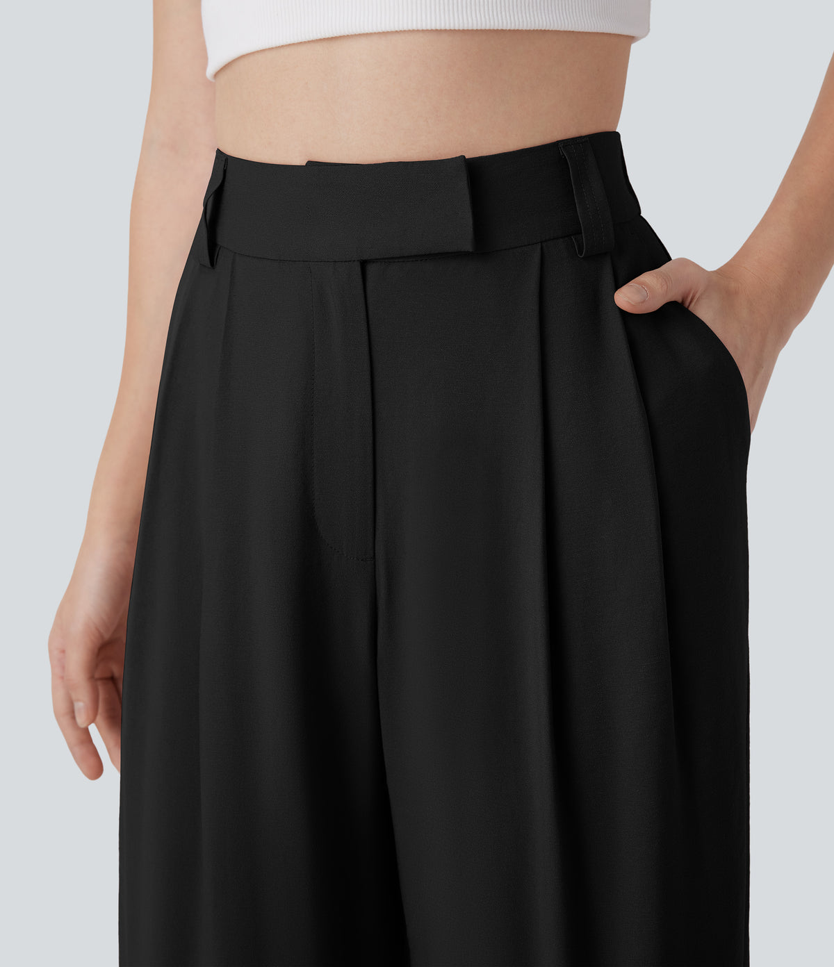 Mid Rise Wide Leg Casual Linen-Feel Trousers with Pockets — Black — view 4