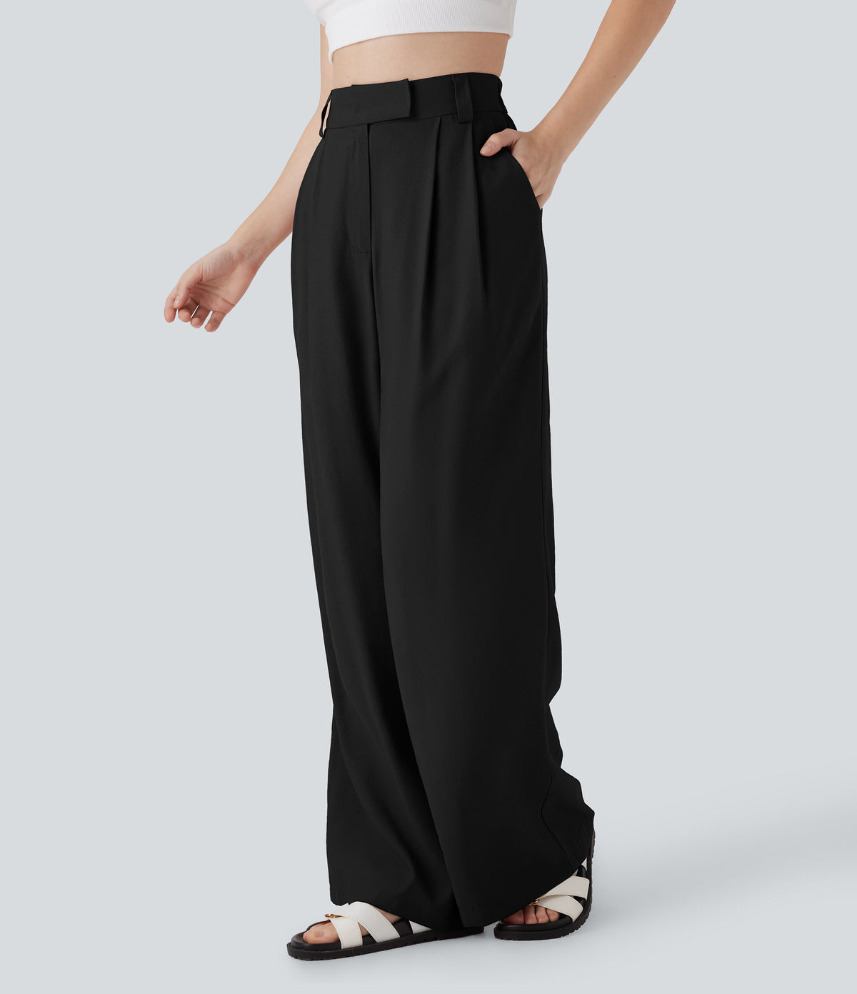 Mid Rise Wide Leg Casual Linen-Feel Trousers with Pockets — Black — view 3