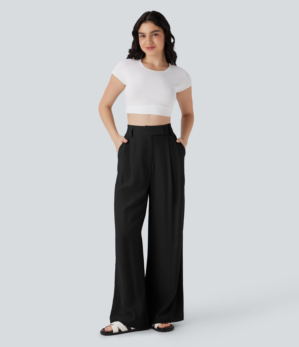 Mid Rise Wide Leg Casual Linen-Feel Trousers with Pockets — Black — view 6