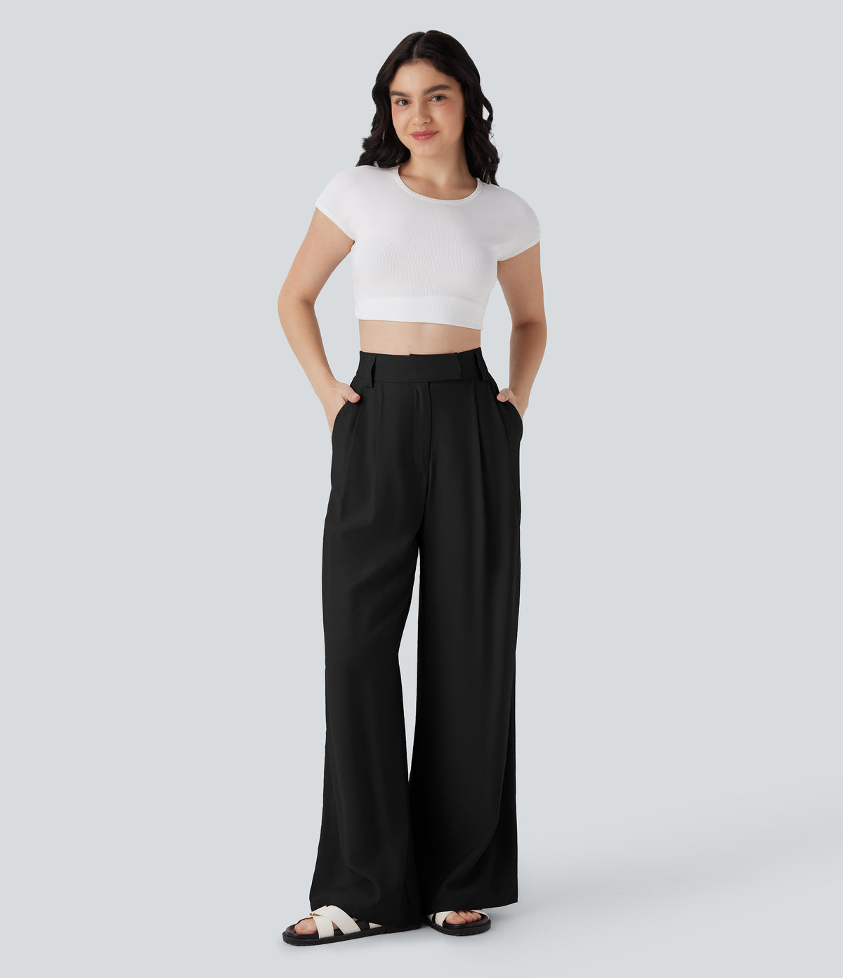 Mid Rise Wide Leg Casual Linen-Feel Trousers with Pockets — Black — view 6