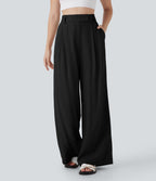 Mid Rise Wide Leg Casual Linen-Feel Trousers with Pockets — Black — view 1