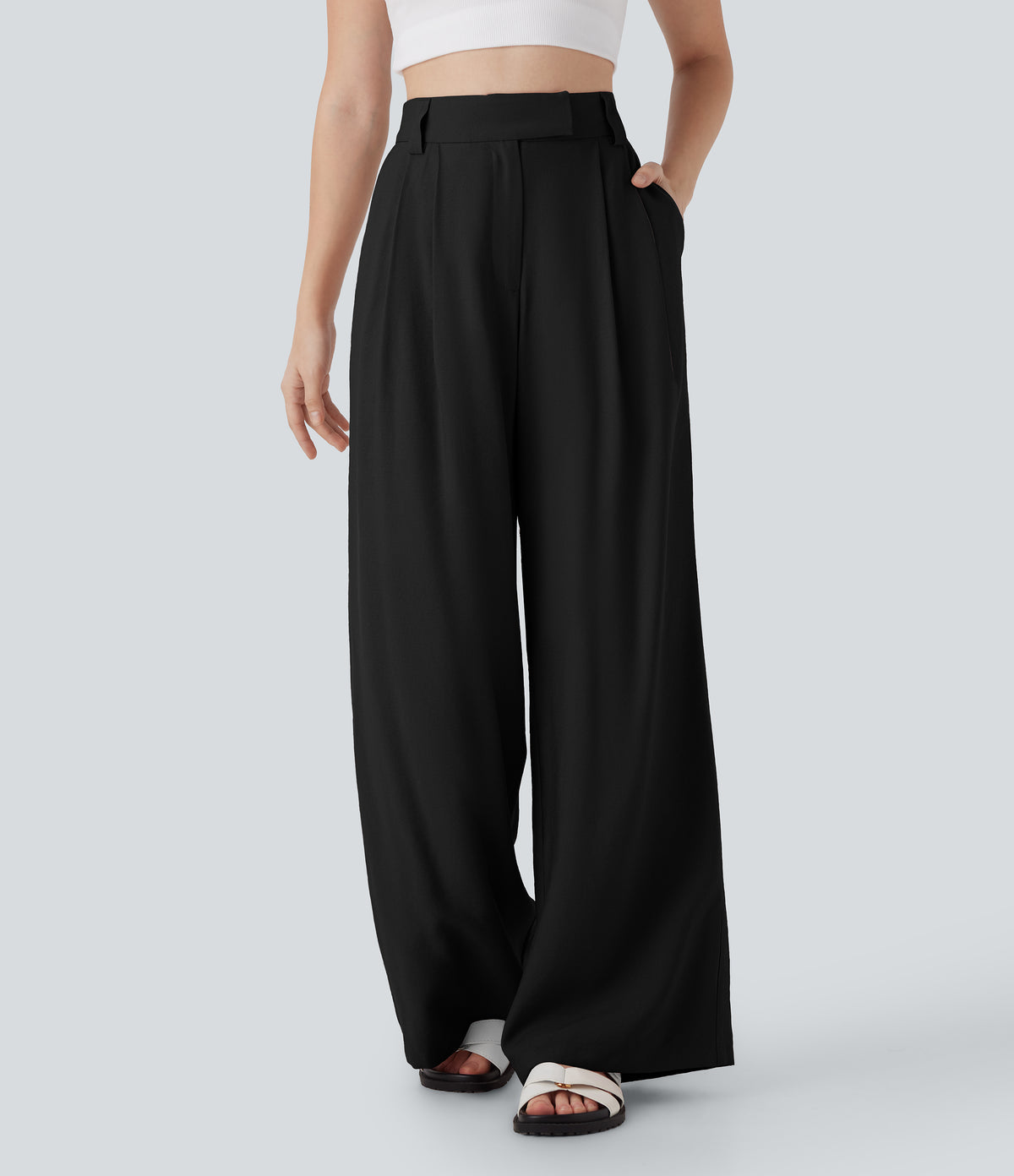 Mid Rise Wide Leg Casual Linen-Feel Trousers with Pockets — Black — view 1