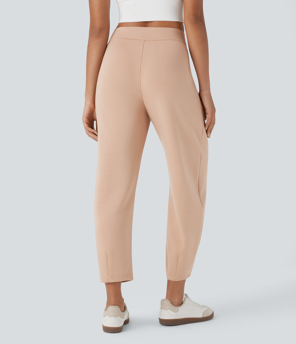 High Waisted Barrel Leg Casual Trousers with Pockets — Pastel Rose Tan — view 2
