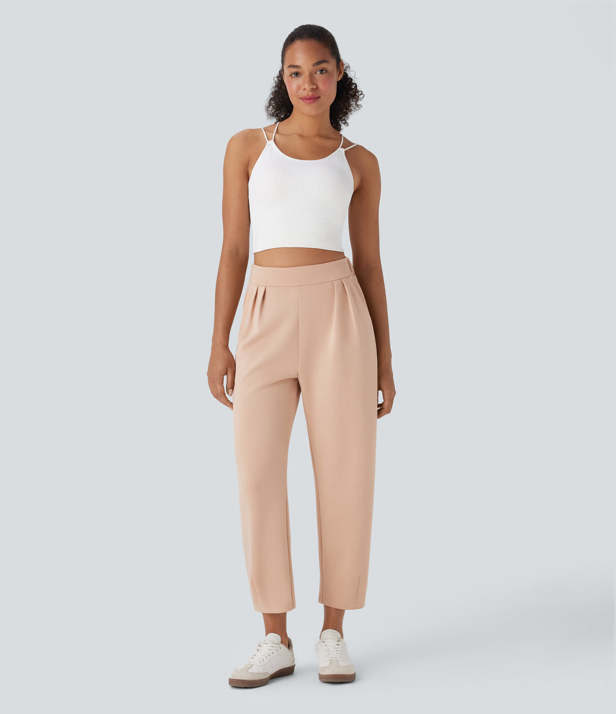 High Waisted Barrel Leg Casual Trousers with Pockets — Pastel Rose Tan — view 6