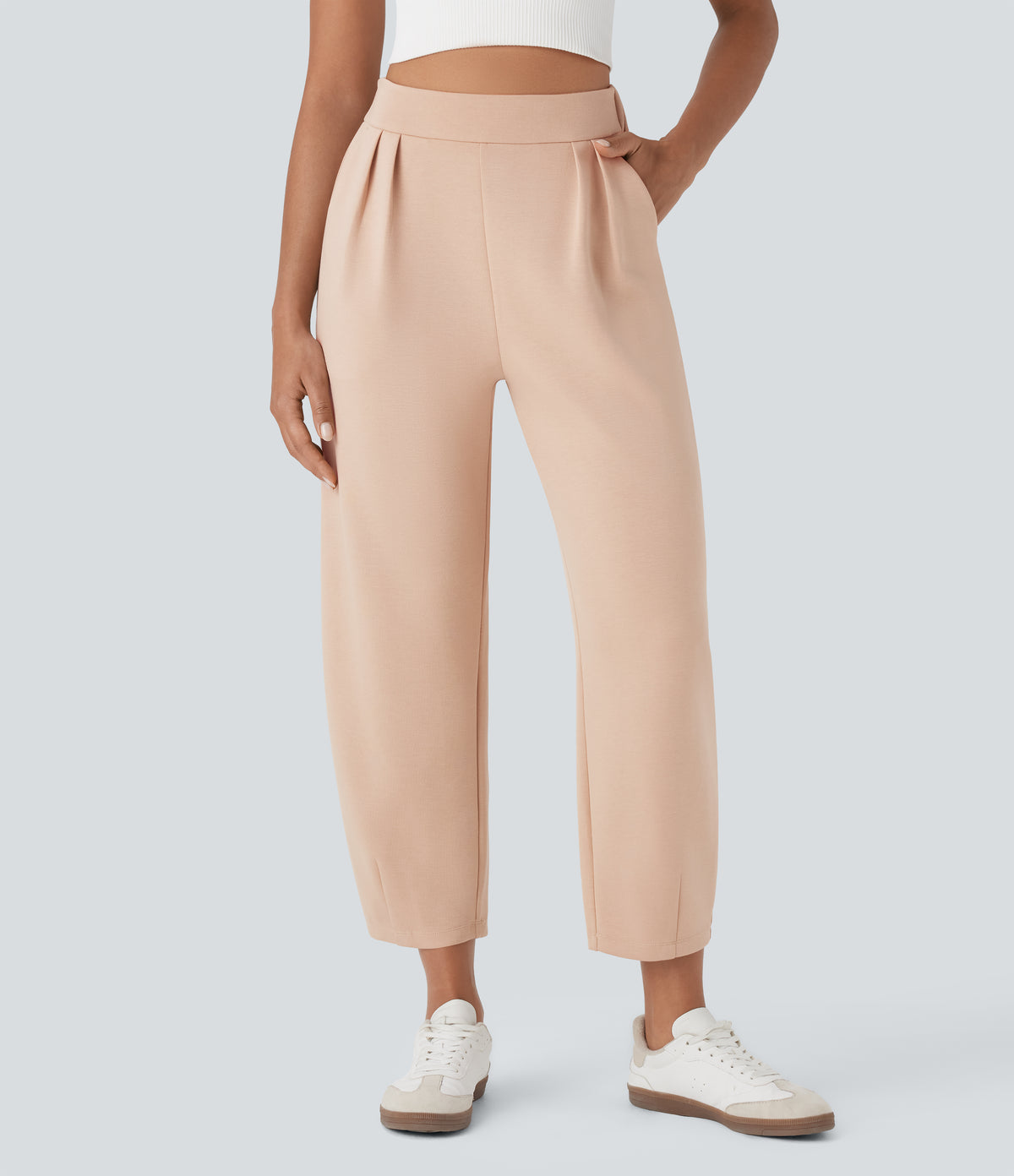 High Waisted Barrel Leg Casual Trousers with Pockets — Pastel Rose Tan — view 3