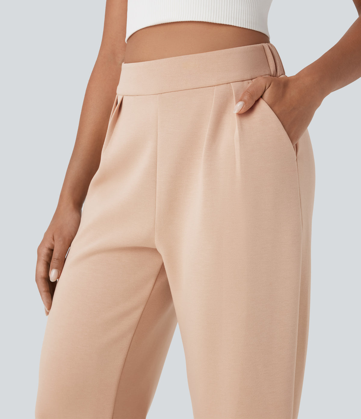 High Waisted Barrel Leg Casual Trousers with Pockets — Pastel Rose Tan — view 4