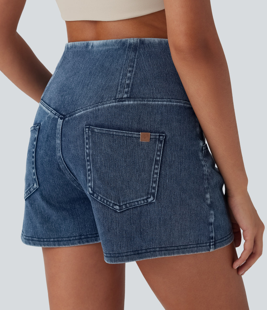 High Waisted Tummy Control Denim Casual Shorts 3'' with Pockets — Tide Blue Denim — view 4