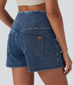 High Waisted Tummy Control Denim Casual Shorts 3'' with Pockets — Tide Blue Denim — view 4