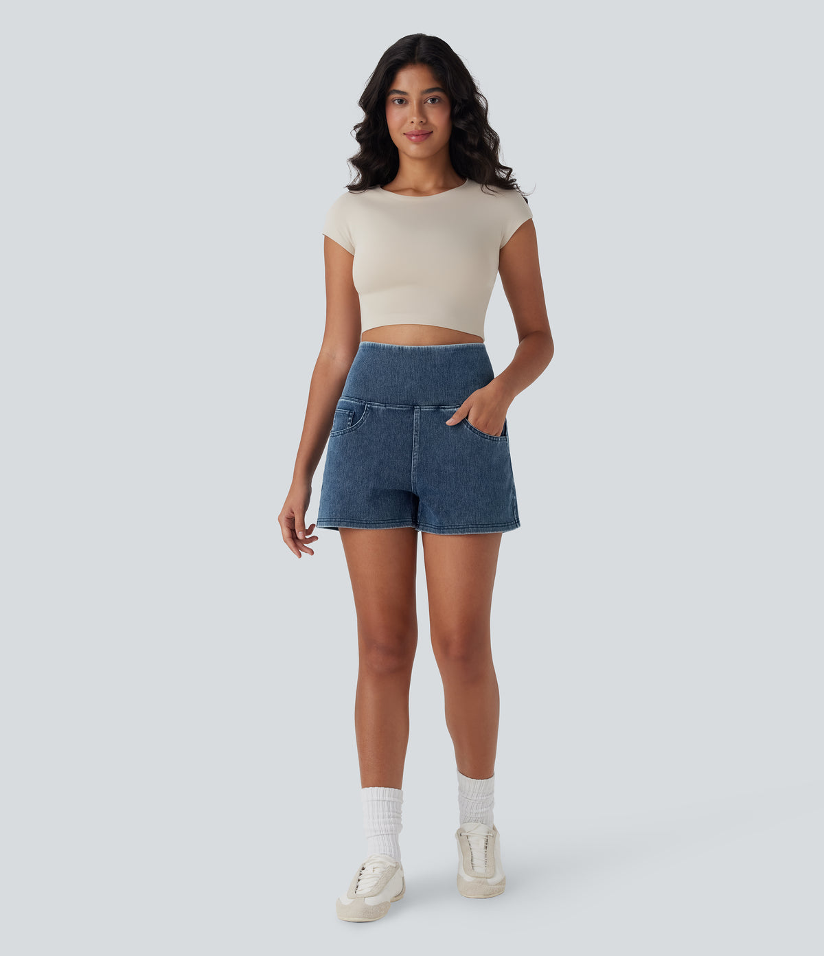 High Waisted Tummy Control Denim Casual Shorts 3'' with Pockets — Tide Blue Denim — view 6
