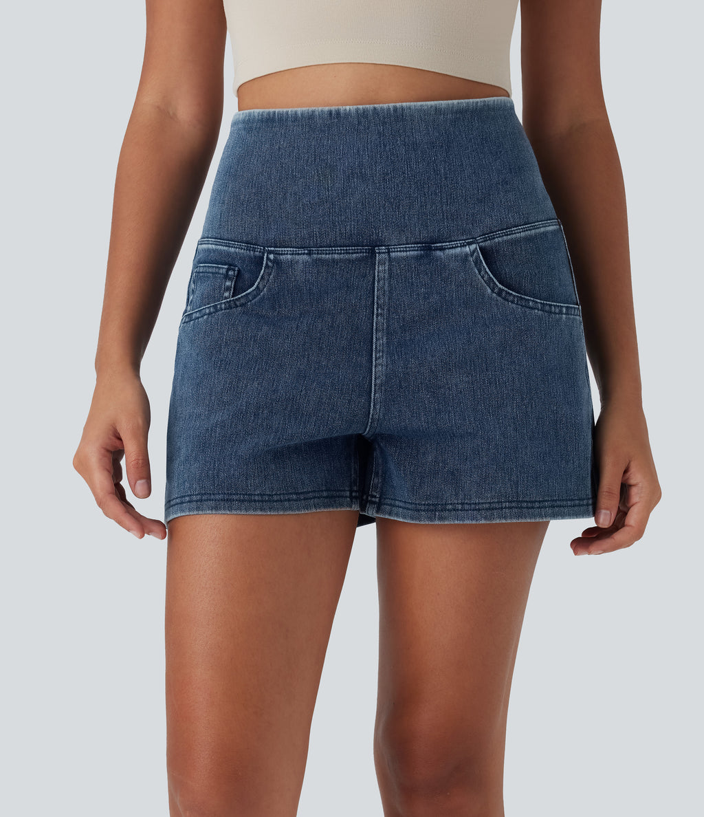 High Waisted Tummy Control Denim Casual Shorts 3'' with Pockets — Tide Blue Denim — view 3