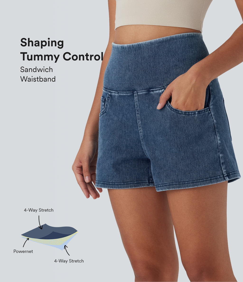 High Waisted Tummy Control Denim Casual Shorts 3'' with Pockets — Tide Blue Denim — view 1
