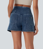 High Waisted Tummy Control Denim Casual Shorts 3'' with Pockets — Tide Blue Denim — view 2