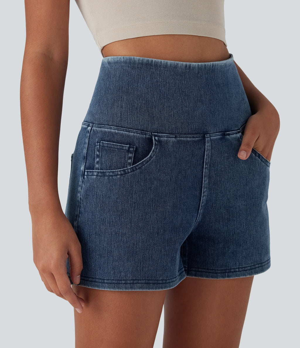 High Waisted Tummy Control Denim Casual Shorts 3'' with Pockets — Tide Blue Denim — view 5