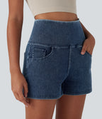 High Waisted Tummy Control Denim Casual Shorts 3'' with Pockets — Tide Blue Denim — view 5