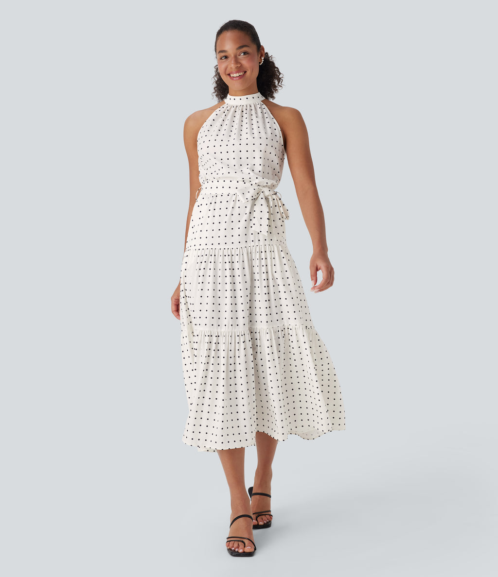 Halter Keyhole Back Belted Polka Dot Flowy Midi Resort Dress with Side Pockets — Black Polka — view 1