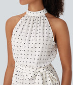 Halter Keyhole Back Belted Polka Dot Flowy Midi Resort Dress with Side Pockets — Black Polka — view 4