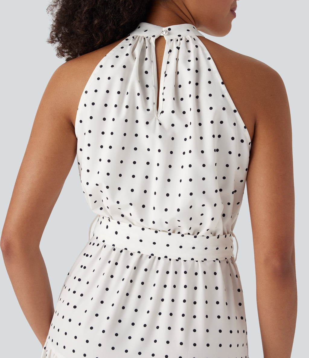 Halter Keyhole Back Belted Polka Dot Flowy Midi Resort Dress with Side Pockets — Black Polka — view 5