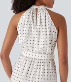 Halter Keyhole Back Belted Polka Dot Flowy Midi Resort Dress with Side Pockets — Black Polka — view 5