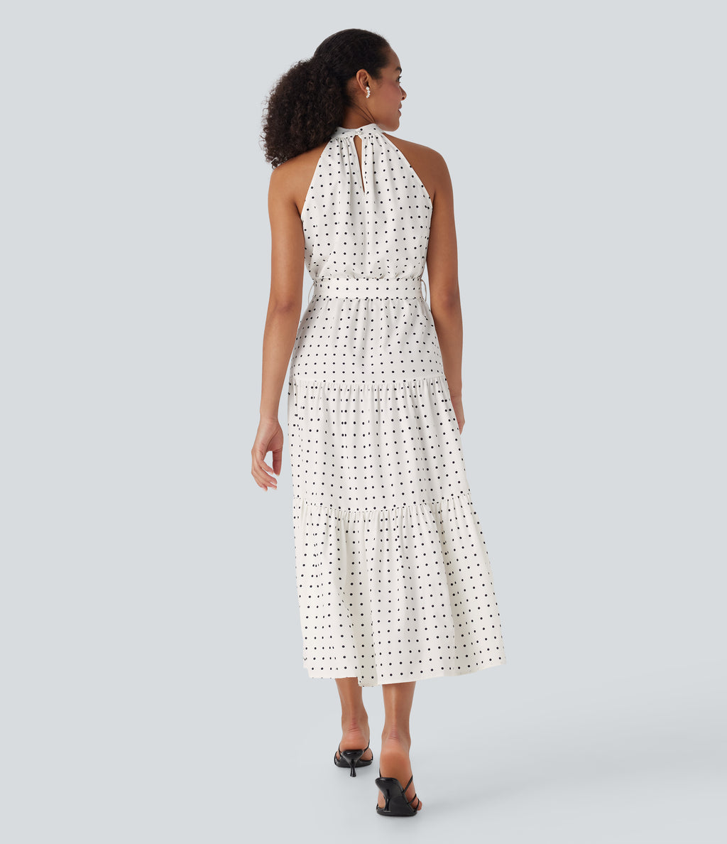 Halter Keyhole Back Belted Polka Dot Flowy Midi Resort Dress with Side Pockets — Black Polka — view 2