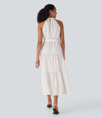Halter Keyhole Back Belted Polka Dot Flowy Midi Resort Dress with Side Pockets — Black Polka — view 2