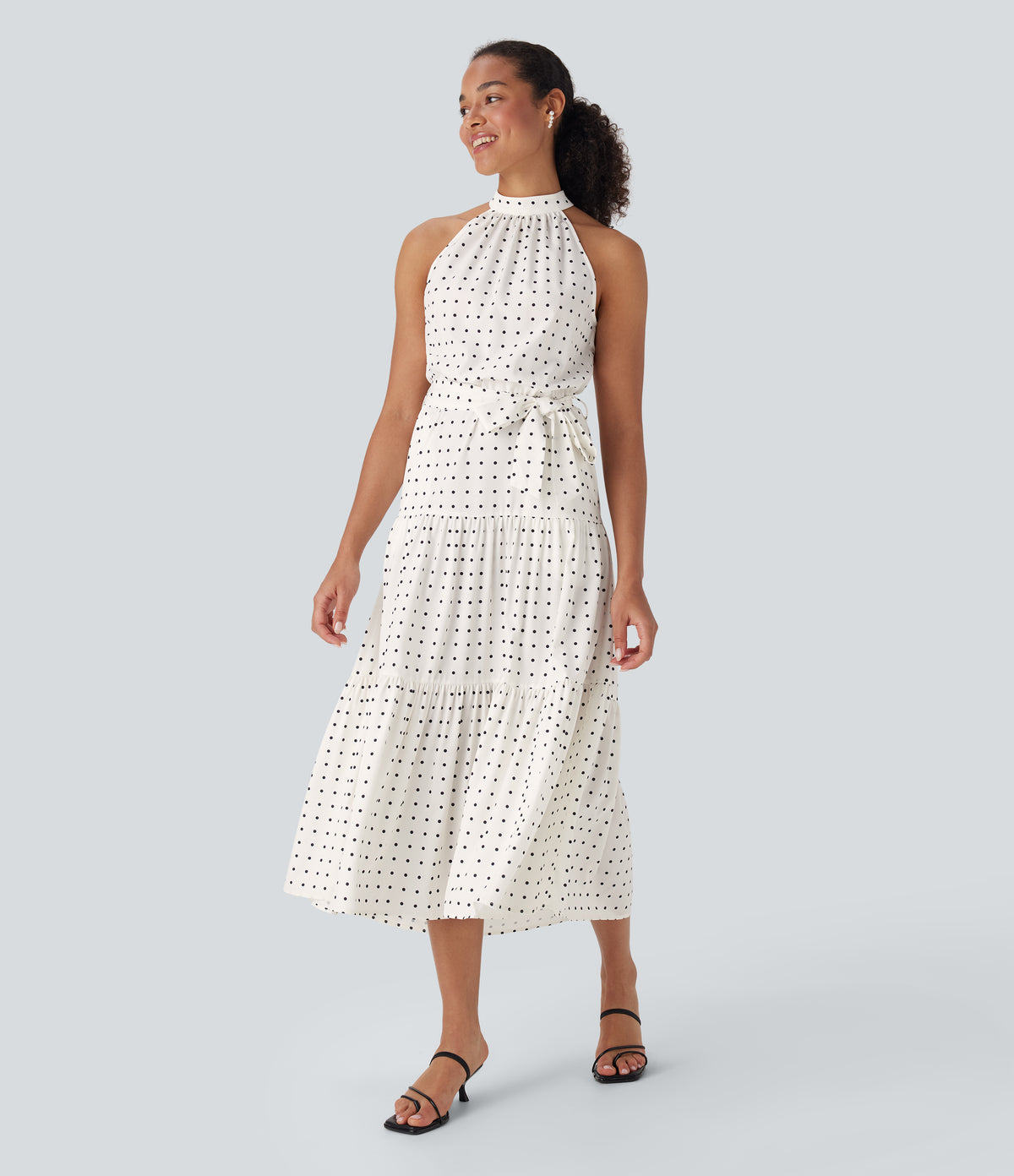 Halter Keyhole Back Belted Polka Dot Flowy Midi Resort Dress with Side Pockets — Black Polka — view 3