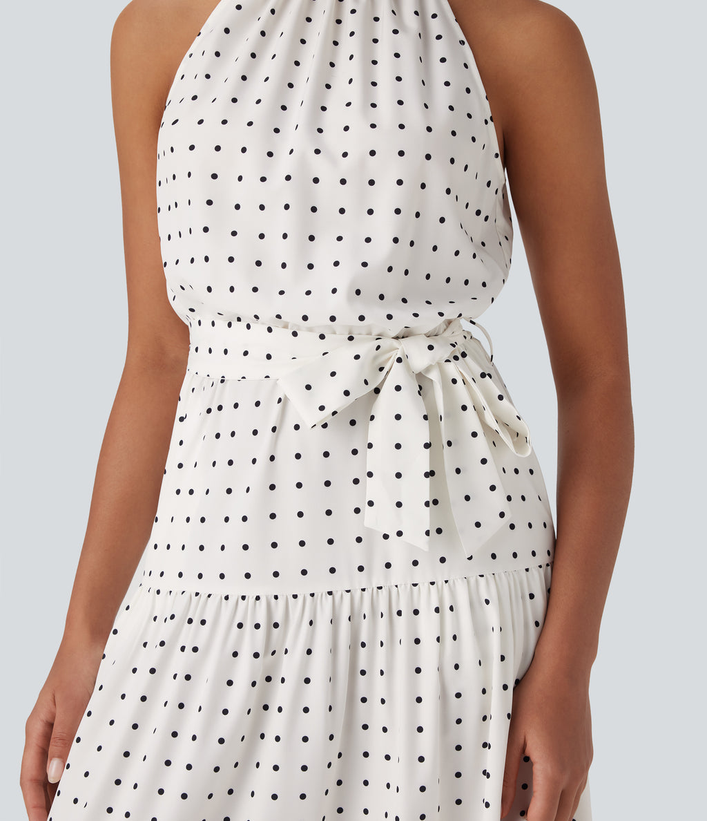 Halter Keyhole Back Belted Polka Dot Flowy Midi Resort Dress with Side Pockets — Black Polka — view 6