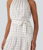 Halter Keyhole Back Belted Polka Dot Flowy Midi Resort Dress with Side Pockets — Black Polka — view 6
