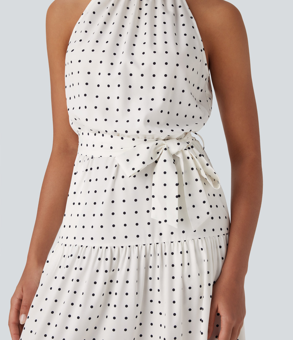 Halter Keyhole Back Belted Polka Dot Flowy Midi Resort Dress with Side Pockets — Black Polka — view 6
