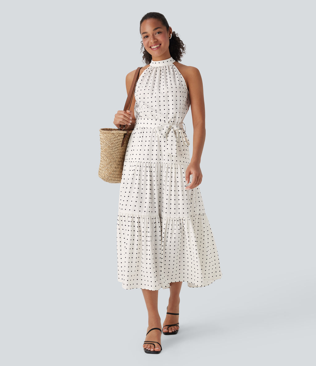 Halter Keyhole Back Belted Polka Dot Flowy Midi Resort Dress with Side Pockets — Black Polka — view 8