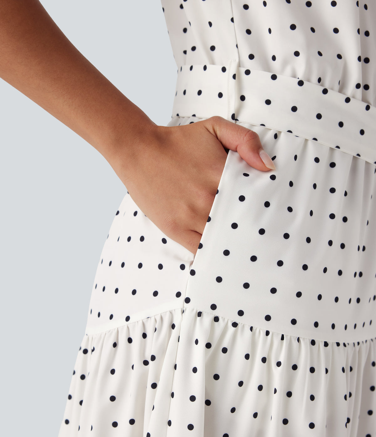 Halter Keyhole Back Belted Polka Dot Flowy Midi Resort Dress with Side Pockets — Black Polka — view 7