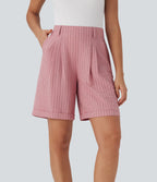 High Waisted Stripe Work Linen-Feel Bermuda Shorts with Side Pockets — Candy Pink Black Yarn Dye Stripes — view 1