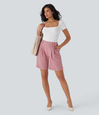 High Waisted Stripe Work Linen-Feel Bermuda Shorts with Side Pockets — Candy Pink Black Yarn Dye Stripes — view 6