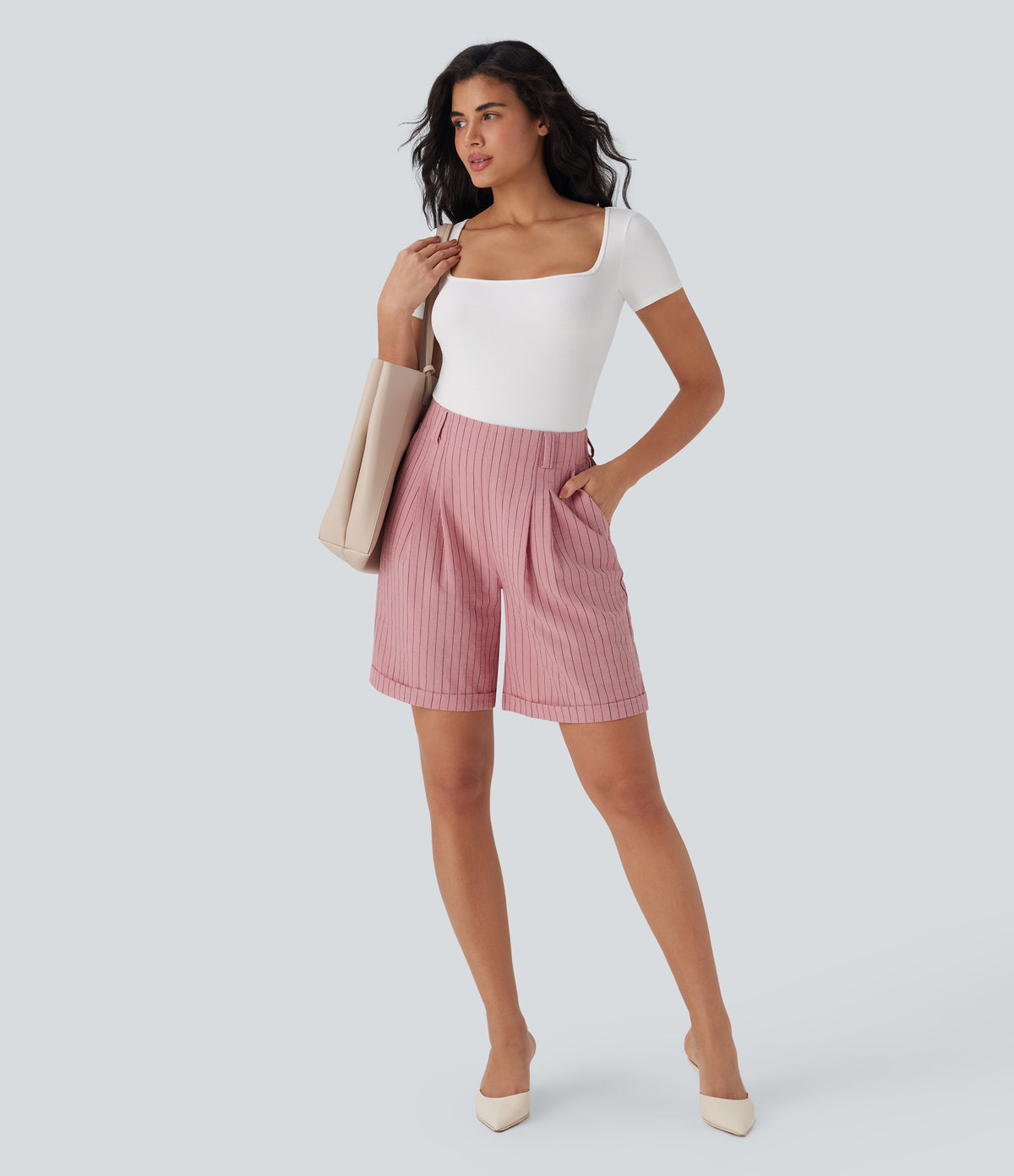 High Waisted Stripe Work Linen-Feel Bermuda Shorts with Side Pockets — Candy Pink Black Yarn Dye Stripes — view 6