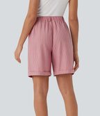 High Waisted Stripe Work Linen-Feel Bermuda Shorts with Side Pockets — Candy Pink Black Yarn Dye Stripes — view 2
