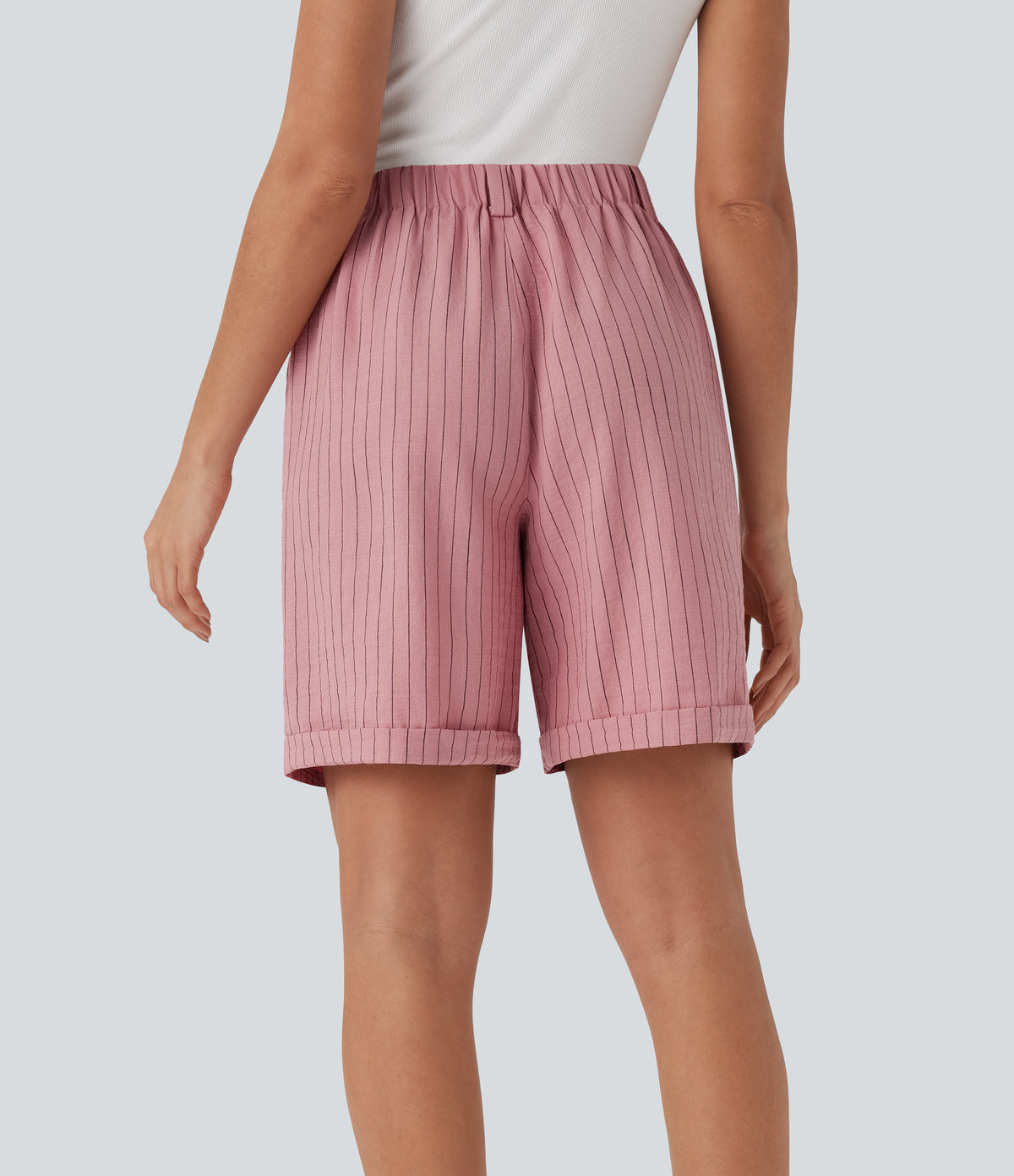 High Waisted Stripe Work Linen-Feel Bermuda Shorts with Side Pockets — Candy Pink Black Yarn Dye Stripes — view 2