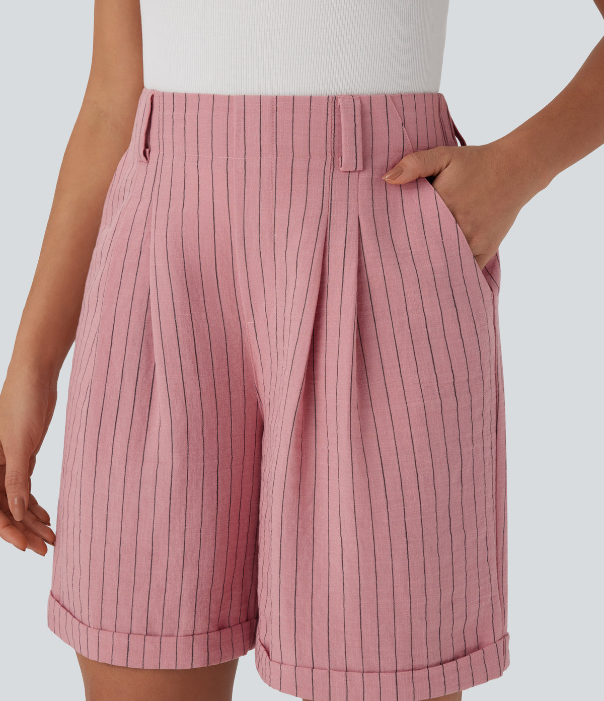 High Waisted Stripe Work Linen-Feel Bermuda Shorts with Side Pockets — Candy Pink Black Yarn Dye Stripes — view 5