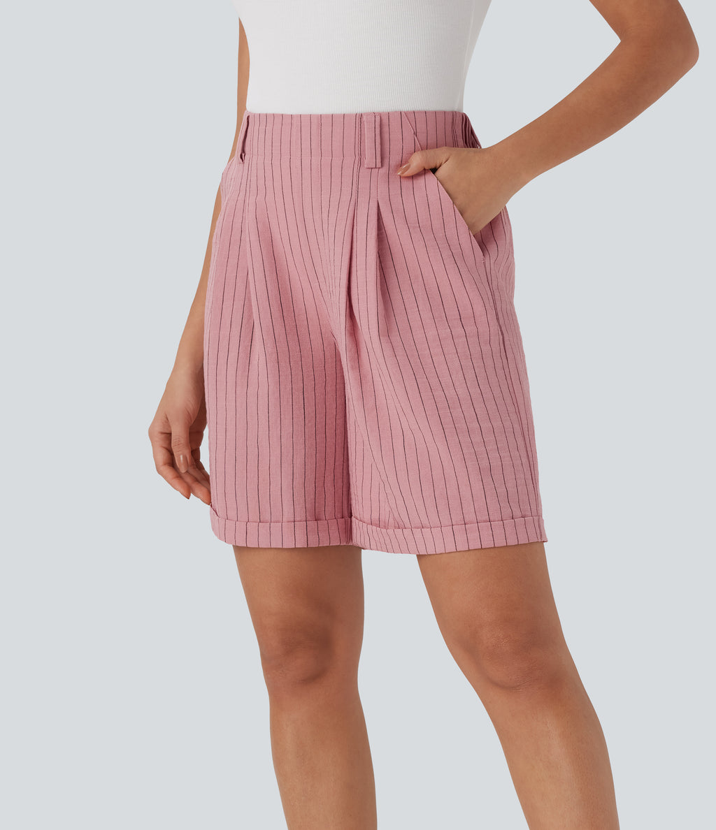 High Waisted Stripe Work Linen-Feel Bermuda Shorts with Side Pockets — Candy Pink Black Yarn Dye Stripes — view 3