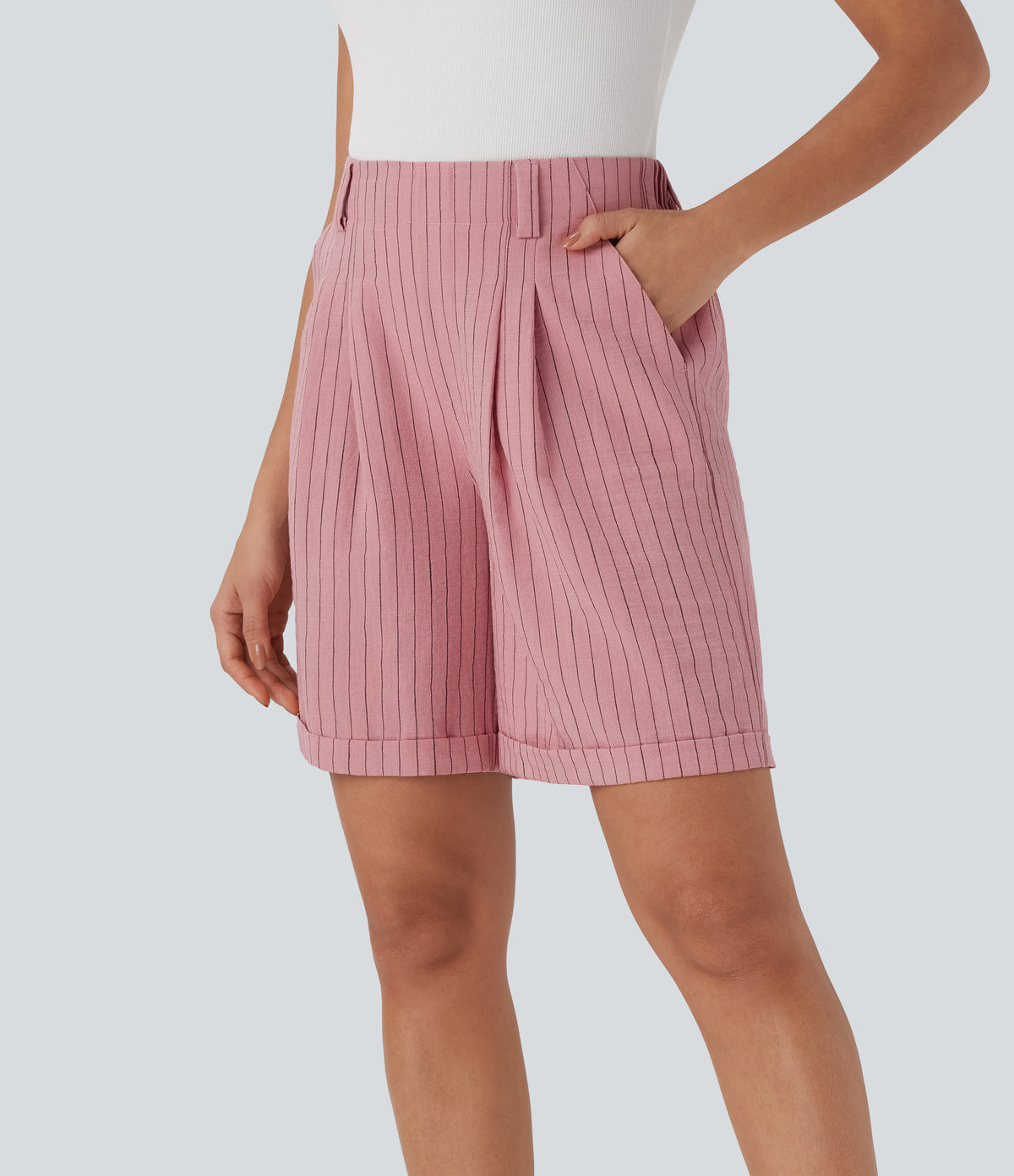 High Waisted Stripe Work Linen-Feel Bermuda Shorts with Side Pockets — Candy Pink Black Yarn Dye Stripes — view 3