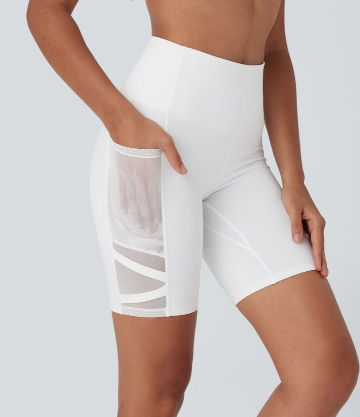 SpeedWave High Waisted Contrast Mesh Quick Dry Yoga Biker Shorts 7'' with Side Pockets — White — view 1