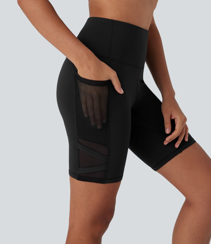 SpeedWave High Waisted Contrast Mesh Quick Dry Yoga Biker Shorts 7'' with Side Pockets — Black — view 7