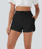 High Waisted Drawstring Contrast Mesh Curved Hem Yoga Shorts with Pockets — Black — view 3
