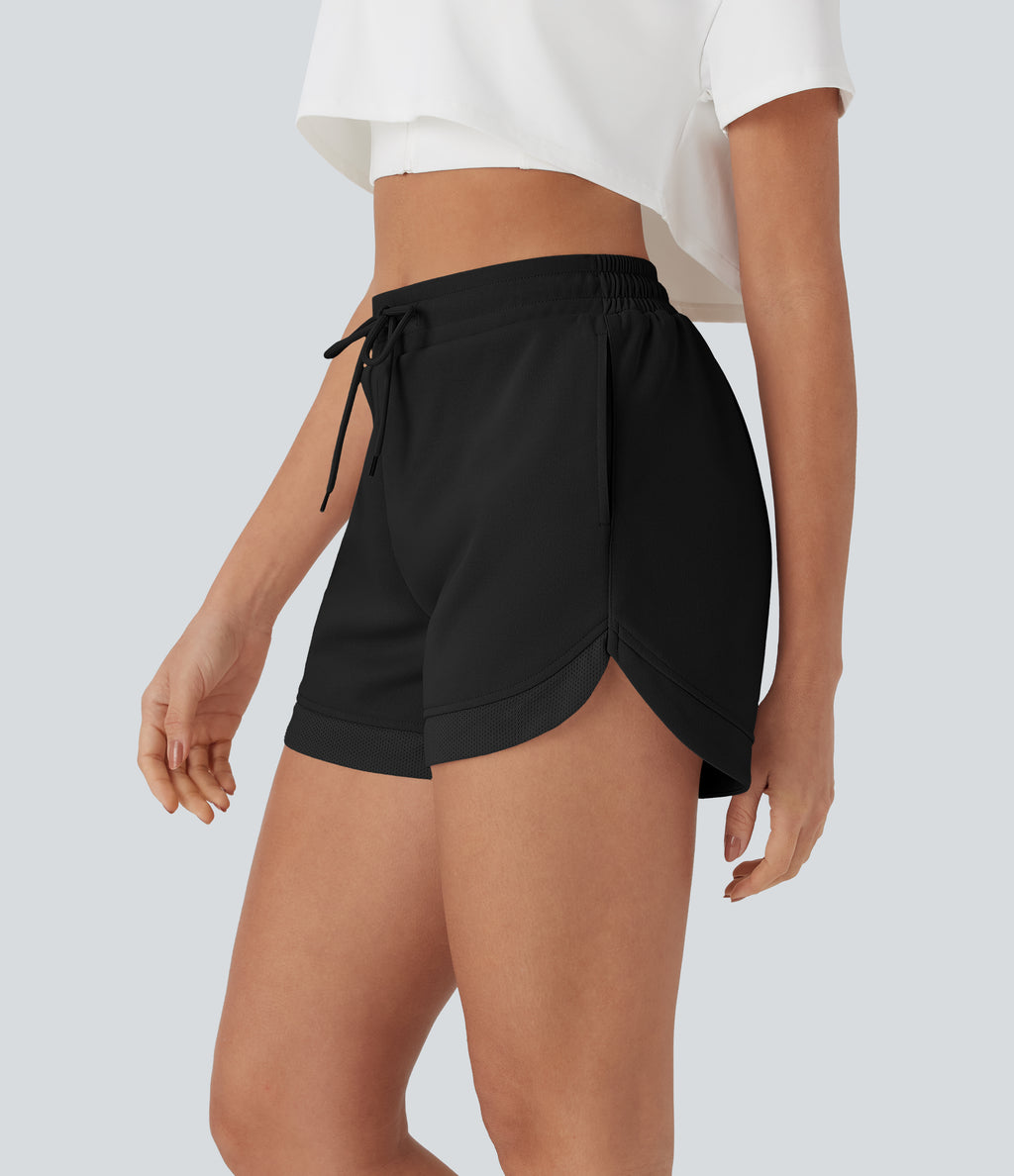 High Waisted Drawstring Contrast Mesh Curved Hem Yoga Shorts with Pockets — Black — view 4