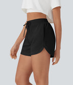 High Waisted Drawstring Contrast Mesh Curved Hem Yoga Shorts with Pockets — Black — view 4