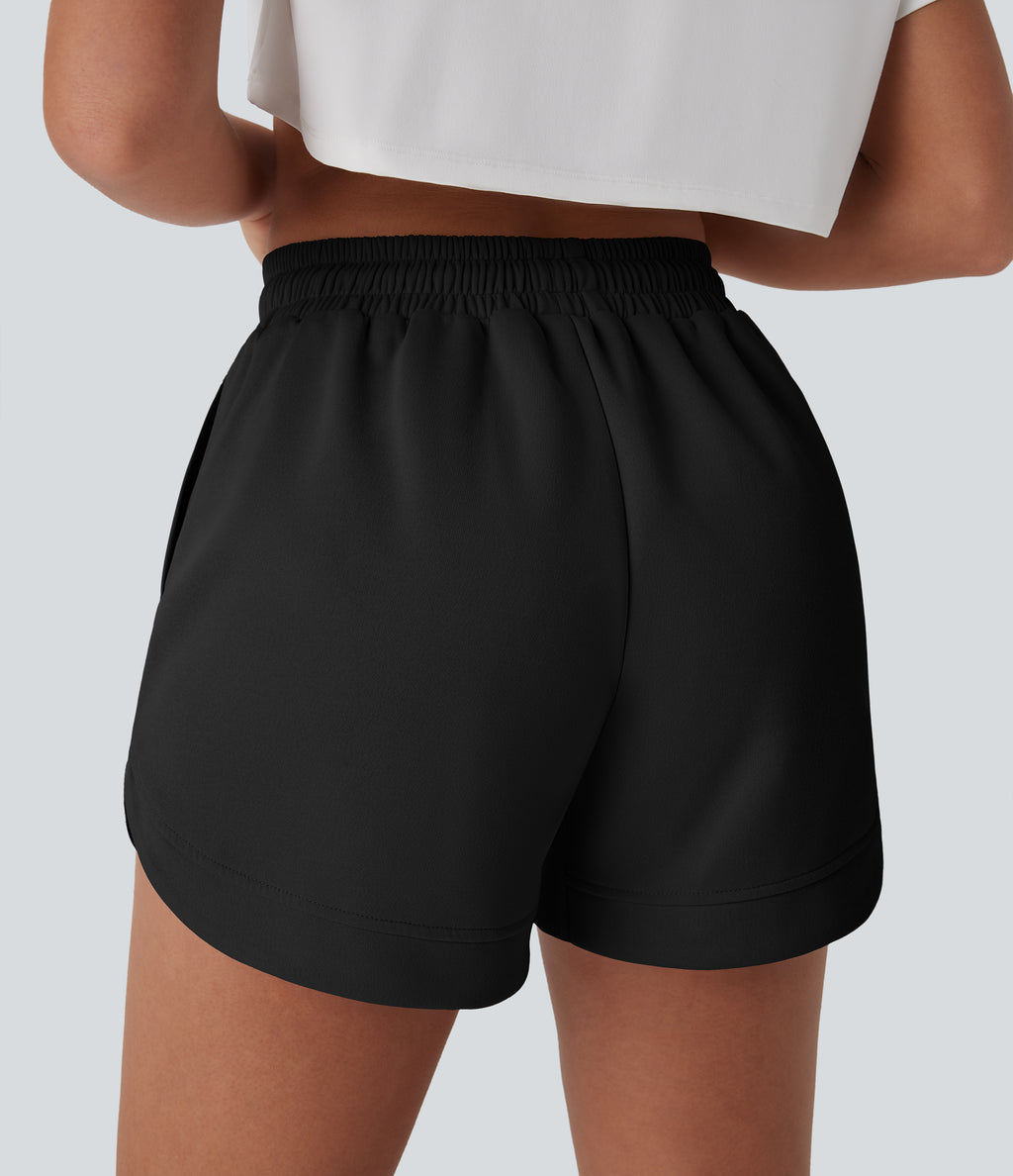 High Waisted Drawstring Contrast Mesh Curved Hem Yoga Shorts with Pockets — Black — view 5