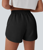 High Waisted Drawstring Contrast Mesh Curved Hem Yoga Shorts with Pockets — Black — view 5