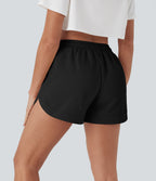 High Waisted Drawstring Contrast Mesh Curved Hem Yoga Shorts with Pockets — Black — view 2